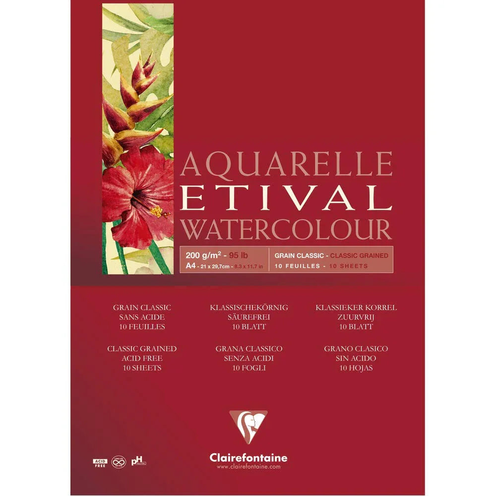 Clairefontaine Etival Aquarelle watercolour paper pad, A4 size, 200gsm, 10 classic grained sheets
