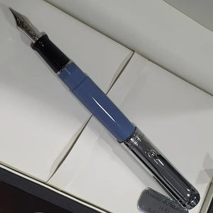 Blue and silver luxury fountain pen with engraved nib in presentation box
