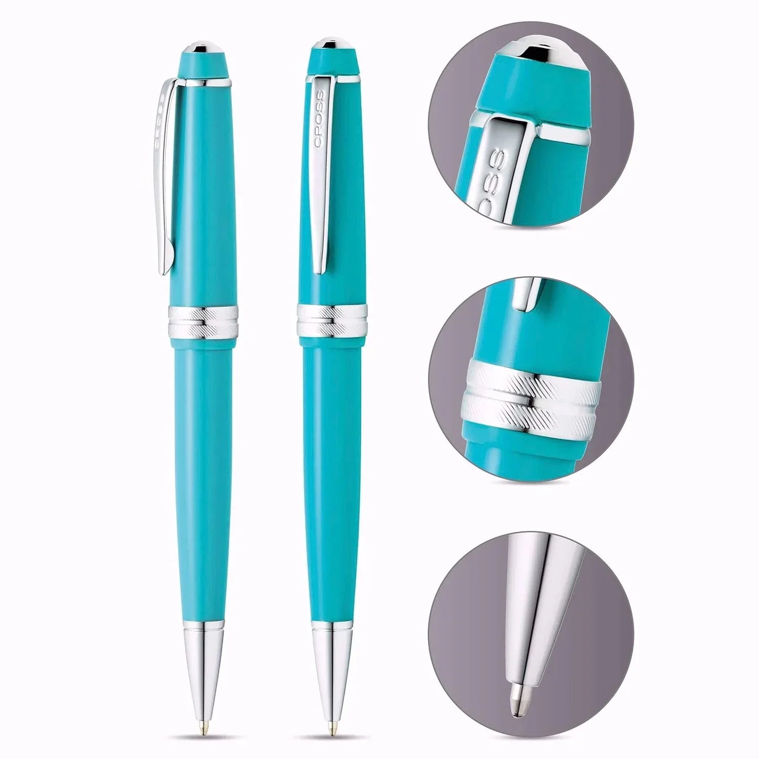 Turquoise ballpoint pens with silver accents, close-up details of clip, band, and tip.