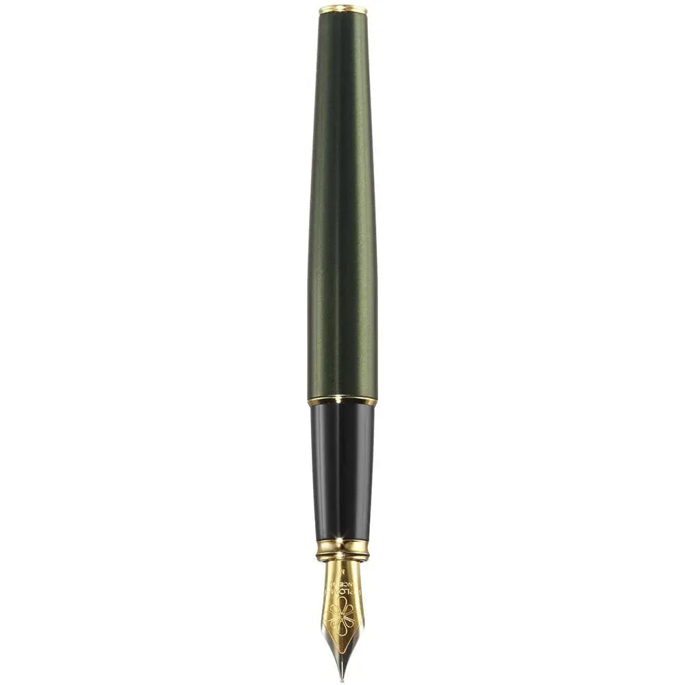 Green and gold fountain pen with black grip and gold nib on white background
