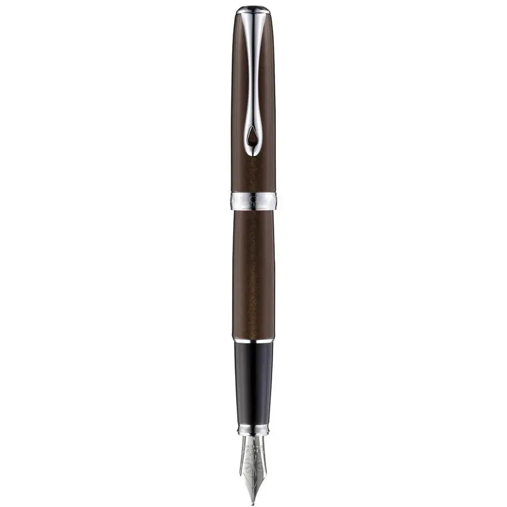 Brown fountain pen with silver trim and metal nib on a white background