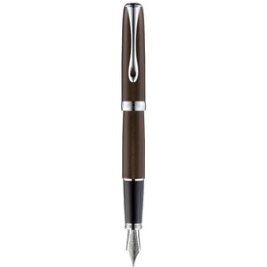 Brown fountain pen with silver trim and metal nib on a white background