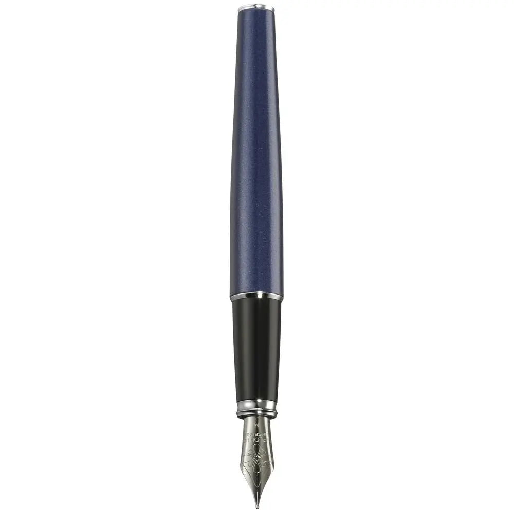 Navy blue fountain pen with silver trim and stainless steel nib on white background