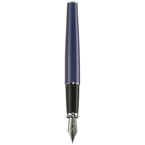 Navy blue fountain pen with silver trim and stainless steel nib on white background