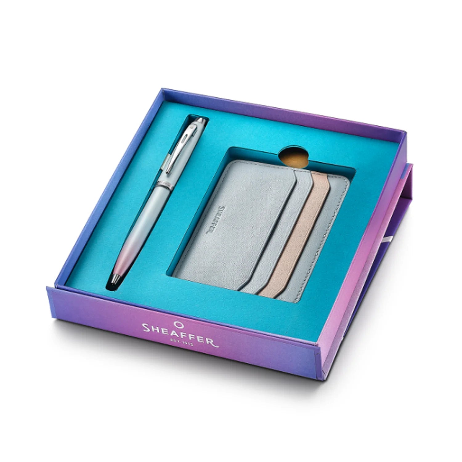 Sheaffer 9376 Gift Set Expressions 100 Blue & Pink Pearlised Gradient Ball Pen with Credit Card Holder