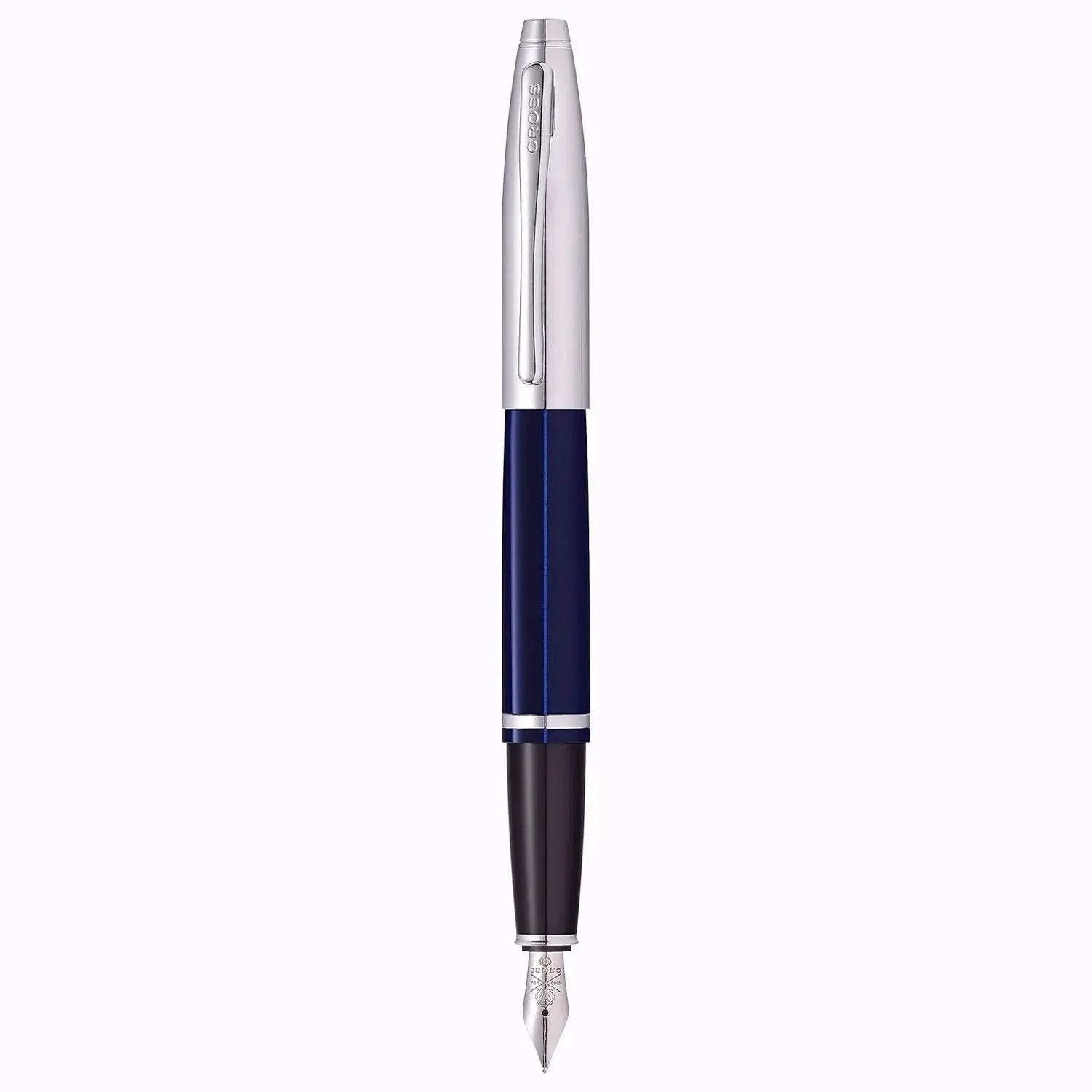 Blue and silver fountain pen with metal cap and fine nib on white background