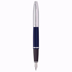Blue and silver fountain pen with metal cap and fine nib on white background