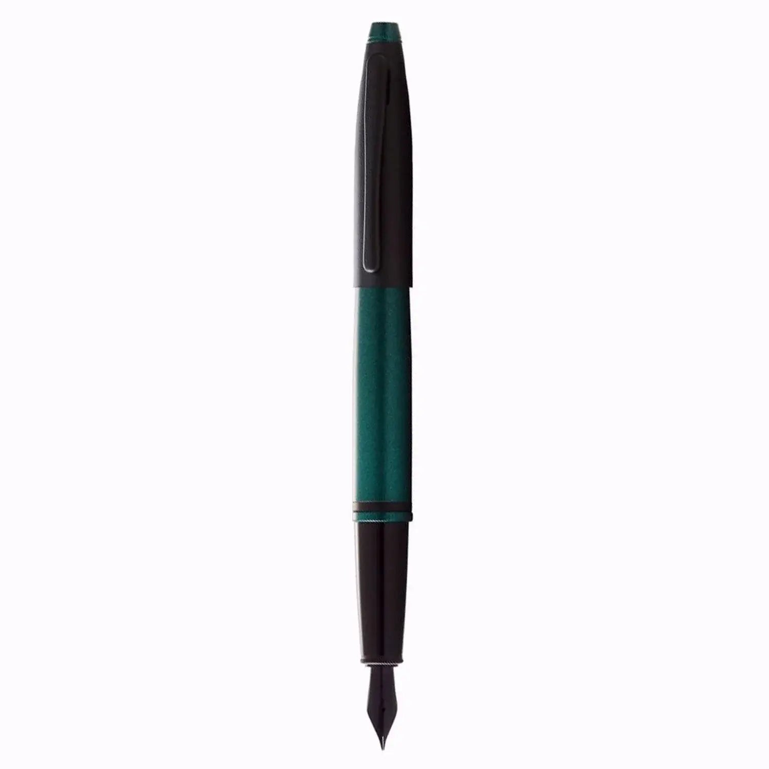 Green and black fountain pen with sleek cap and fine nib on white background