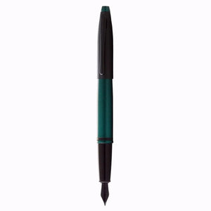 Green and black fountain pen with sleek cap and fine nib on white background