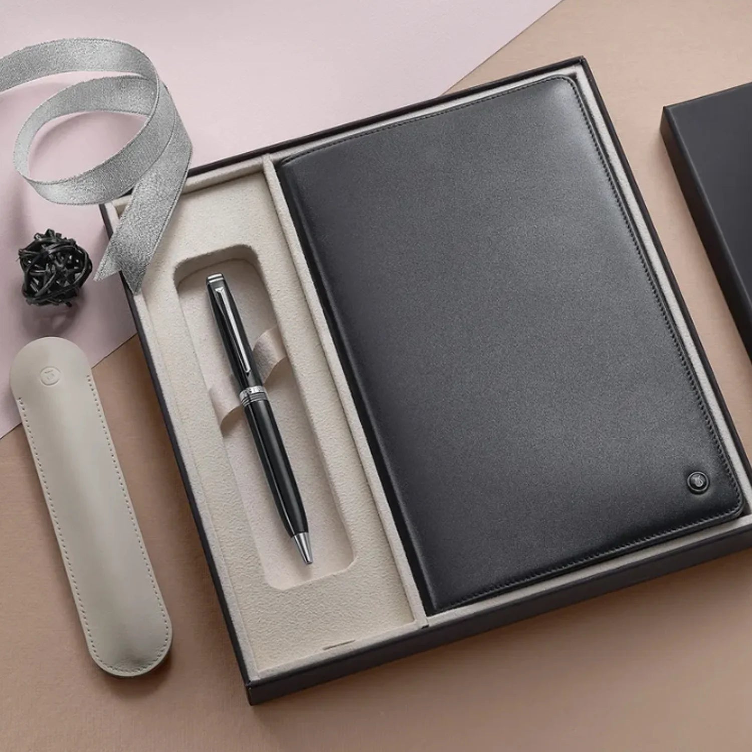 Lapis Bard Gift Set Contemporary Black Ball Pen with Mayfair Leather Notebook