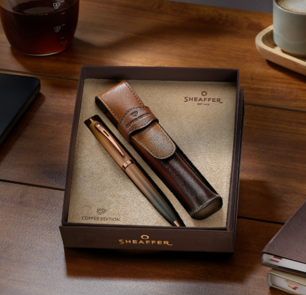 Sheaffer 100 G9374 Coffee Edition Ballpoint Pen with Leather Single Pen Pouch Gift Set
